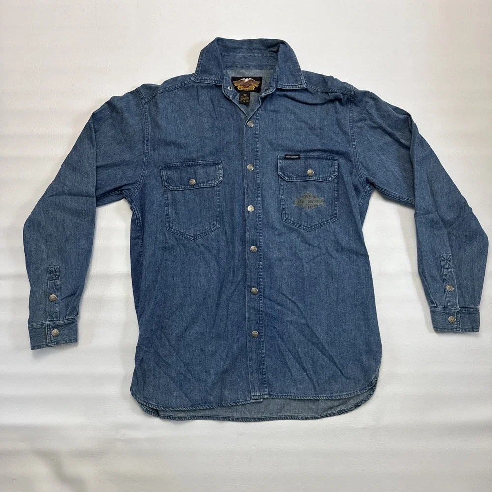 Vintage Y2K Harley Davidson Denim Long Sleeve Shirt Men's Sz‎ M Biker Snap Up